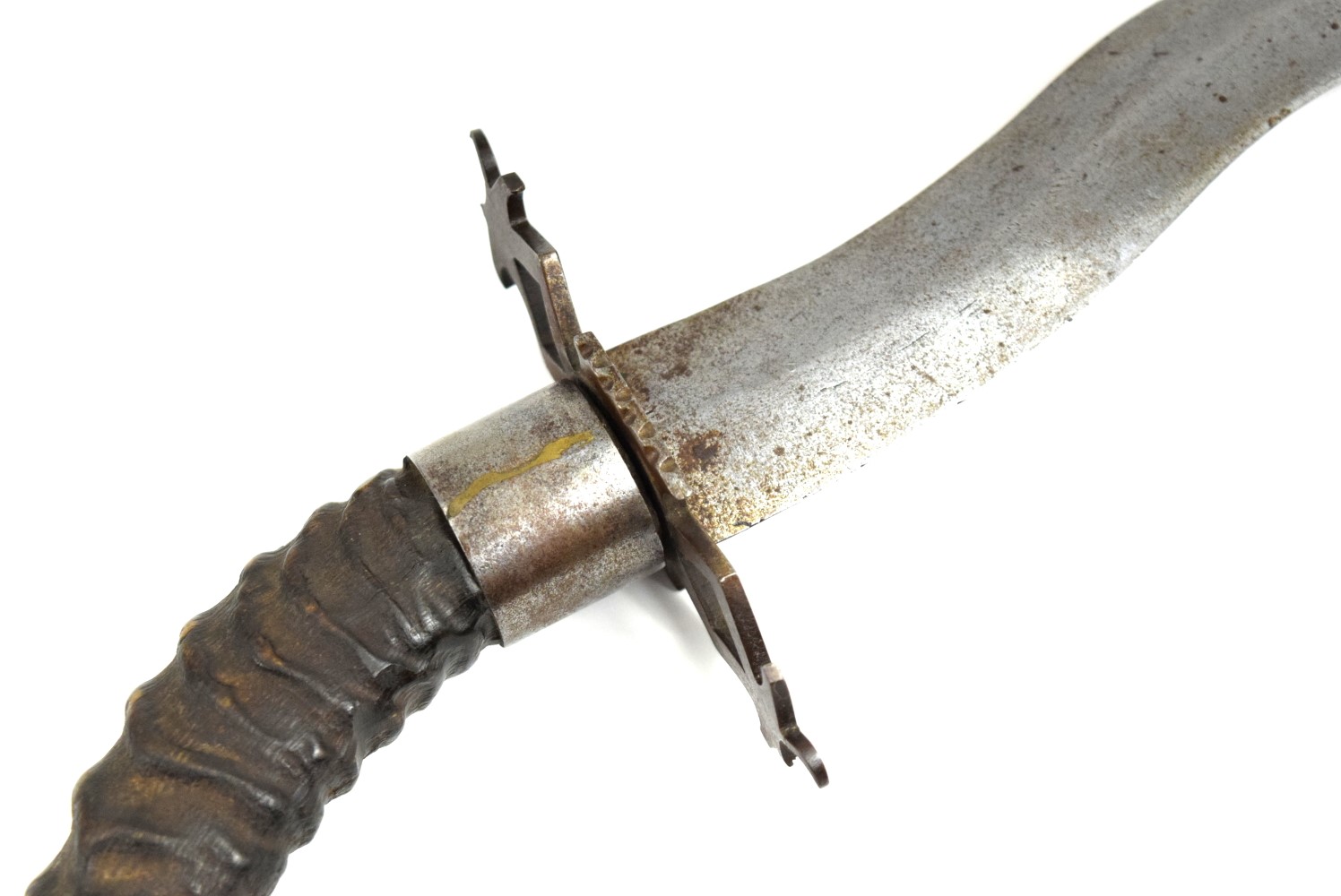 Large 19th C. Asian Philippine or Indonesian Fighting Dagger Short Sword with Strong Wavy Blade & Large Gazelle Horn Grip.