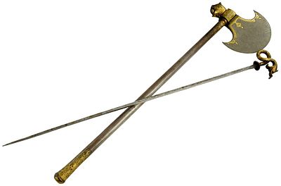 Fine 18th&acirc;19th Century Mughal Indian Tabar Axe with Wootz Blade, Gold Koftgari & Concealed 