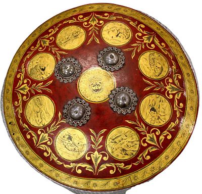 Spectacular Large Mughal Indian Painted Hide Dhal Shield with Royal Hunting & Courtly 