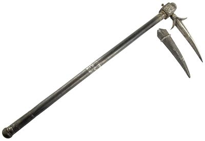 Antique Mughal Indian All-Steel Fighting Axe / War Hammer with Gilt Floral Decoration and Blade 