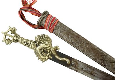 19th Century Tibetan or Himalayan Sword with Gilt-Brass Makara Hilt and Repouss&Atilde;&copy; Scabbard. A 
