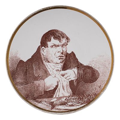 Фабрика Кузнецова. Тарелка декоративная с изображением Собакевича из поэмы Гоголя &laquo;Мертвые души&raquo;. 