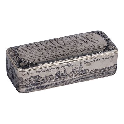 Серебряная черненая табакерка с видами Вологды. Вологда, мастер Сакердон Скрипицын, 1838 г. 