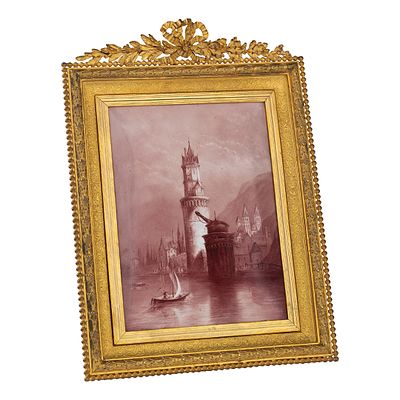 Фарфоровый пласт в бронзовой золоченой рамке &laquo;Башня и мельница в Андернахе на Рейне&raquo;. Западная 