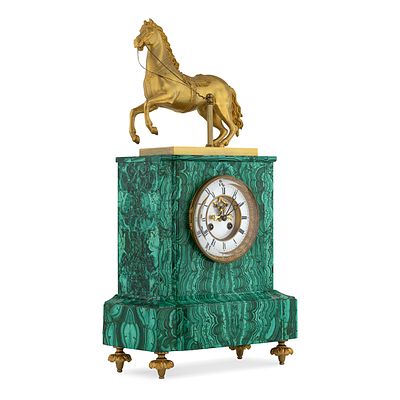 Каминные часы с фигурой вздыбленного жеребца. Российская империя, Петергоф, 1830–1840-е. 