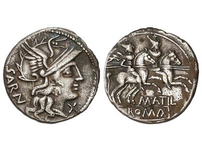 REP&Uacute;BLICA ROMANA. Denario. 148 a.C. ATILIA. 