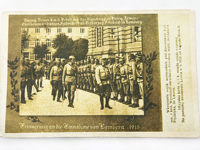 Pocztówka na pamiątkę wkroczenia wojsk austriackich do Lwowa 1915. Opisane po niemiecku i po