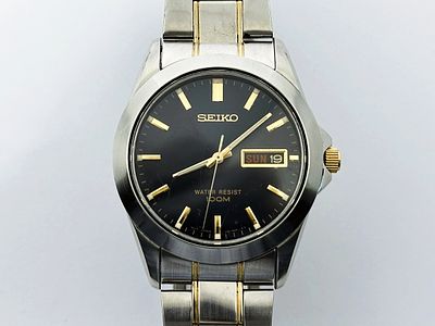 Zegarek męski Seiko 37 mm. Zegarek stalowy, kwarcowy, z DayDate, WR100M. Oryginalna bransoleta