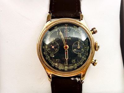 Zegarek Chronograf Rodania czarna tarcza 36 mm. Zegarek pozłacany, mechaniczny, z funkcją