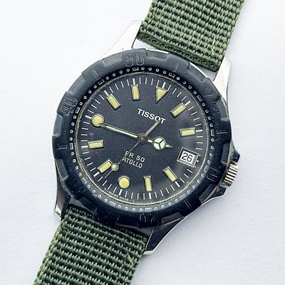 Zegarek męski Tissot PR50 Atollo 38 mm. Zegarek stalowy, kwarcowy, z datownikiem. Numery na 