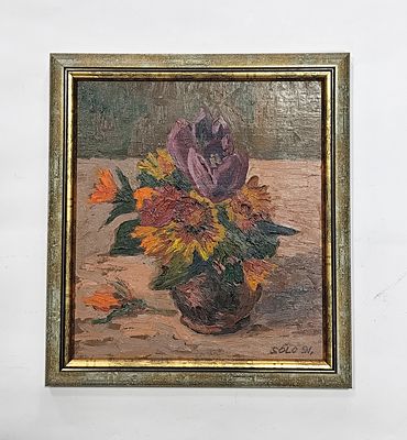 Obraz Donald Solo, 1991, kwiaty, 26x23 cm. Stan wizualny bardzo dobry, widoczny na zdjęciach