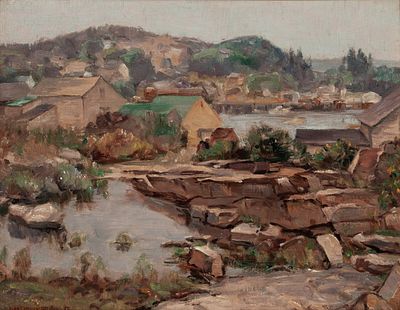 IVAN SUMMERS (1889-1964) OIL ON ARTIST'S BOARD, MAINE. Old Quarry Vinal Haven, Maine 1951 The 