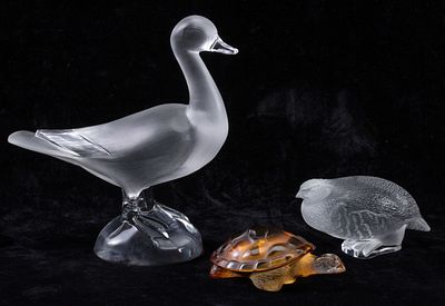 LALIQUE FRENCH CRYSTAL FIGURES AND STATUETTE. Three high quality frosted animal figures 