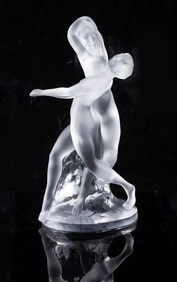 A LALIQUE FRENCH CRYSTAL DANCING FEMALE FIGURES. Late 20th Century The high quality frosted 