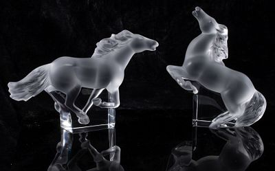 PAIR LALIQUE FRENCH CRYSTAL KAZAK HORSE FIGURES IN BOX. Late 20th Century The high quality 