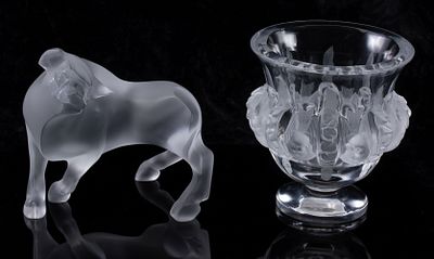 LALIQUE TAUREAU VUELTA FIGURE AND DAUMPIEERE VASE. Late 20th Century The frosted figure of a 