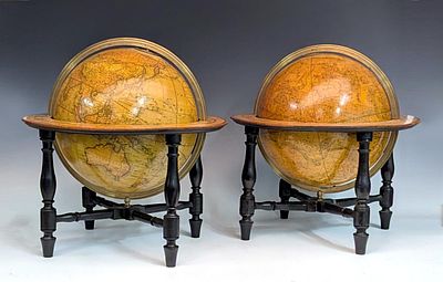 PAIR CARY'S NEW TERRESTRIAL AND CELESTIAL TABLE GLOBES. The fine pair of 12-inch Georgian table 