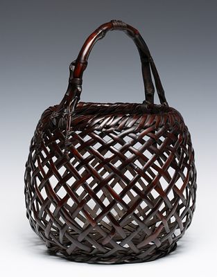 CHIKUBOSAI JAPANESE BAMBOO IKEBANA BASKET, ADAIR ESTATE. The wide-gauge cross-hatch open 
