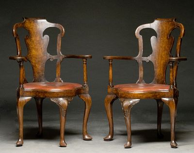 RARE EARLY 18TH CENTURY GEORGE II WALNUT WRITING CHAIRS. The pair with three front legs and high 