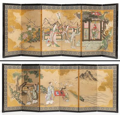 A PAIR 19TH CENT. KANO SCHOOL JAPANESE SLEEPING SCREENS. The two low-profile screens depict 