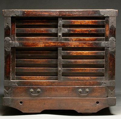 A CIRCA 1800 JAPANESE SHONAI REGION MERCHANT'S CHEST. The rare merchant's chest with iron mounts 