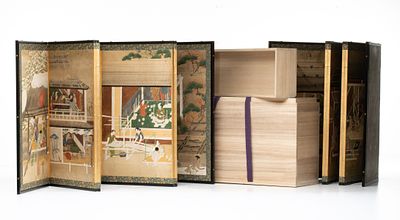 A PAIR 18C. JAPANESE SHOKUNIN ZUKUSHI SLEEPING SCREENS. Two companion screens, each with six 