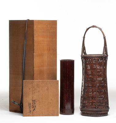 TANABE CHIKUUNSAI I BAMBOO IKEBANA BASKET, ADAIR ESTATE. The complex open-work hexagonal weave 