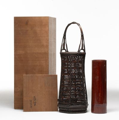 TANABE CHIKUUNSAI I BAMBOO IKEBANA BASKET, ADAIR ESTATE. The complex open-work hexagonal weave 
