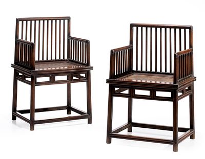 A PAIR LATE QING DYNASTY CHINESE SPINDLE BACK ARMCHAIRS. A fine pair of Chinese spindle-back 
