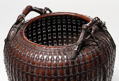 TANABE CHIKUUNSAI ROOT HANDLE BASKET, ADAIR ESTATE. The outstanding example of high-shouldered 