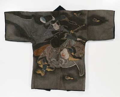 A JAPANESE FIREMAN'S COAT- SAMURAI ASTRIDE A FLYING BAT. The rare and exceptional 19th century 