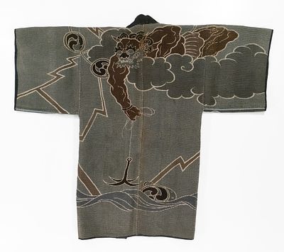 JAPANESE FIREMAN COAT WITH RAIJIN FISHING FOR HIS DRUM. The rare 19th century 'firefighter's' 
