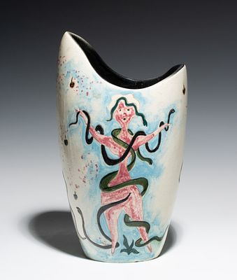 ADOLF DEHN CERAMIC VASE FOR ASSOCIATED AMERICAN ARTISTS. The free-form vase hand etched and 