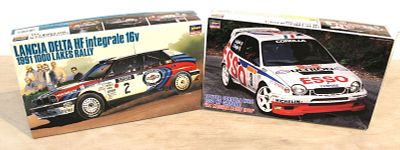 2 Hasegawa Hobby Kit Models in boxes, Toyota Corolla WRC ESSO HF IRC Messina Rally 1998 & Lancia.