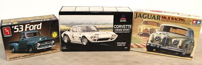 3 models in boxes: 53 Ford AMT, Accurate Miniatures Corvette Grand Sport Rare Prototype, Jaguar