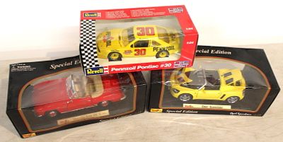 3 Diecast Cars: Maisto Opel Speedster & special Edition 1/18 & Revell Pennzoil Pontiac #30 1/24.