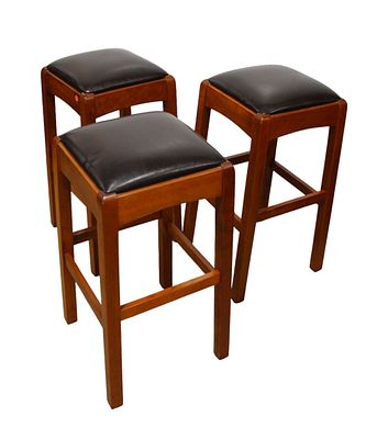 Set of 3 Stickley solid cherry stools with leather seats, structurally sound and in good