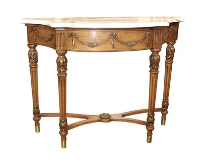 Nice marble top carved console table. Nice marble top carved one drawer console table with