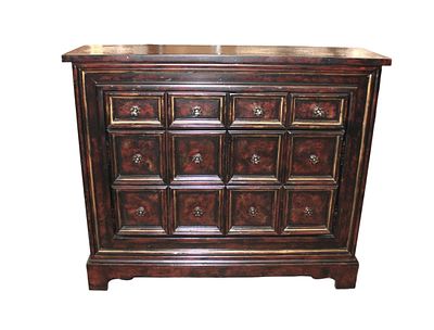 Narrow Howard Miller console cabinet - tortoise shell finish. Howard Miller decorator 2 door 2