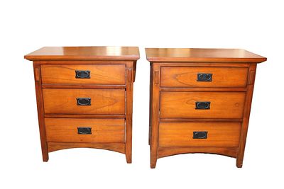 Pair mission style nightstands in cherry finish. Pair of mission style 3 drawer nightstands in a