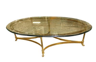 LaBarge pair MCM hooved foot coffee table. LaBarge mid century modern hooved foot oval brass and