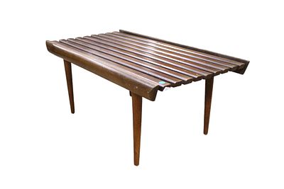 Mid Century Modern slat walnut bench in original finish. Structurally sound and in good