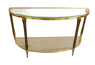 MCM brass & glass demilune decorator console. Mid Century Modern brass and glass two tier