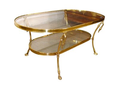 MCM LaBarge two tier coffee table - swan heads. Mid Century Modern LaBarge brass and glass two