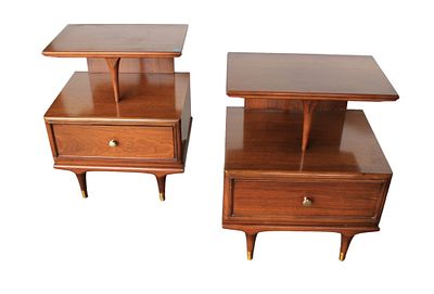 MCM pair walnut Kent Coffey nightstands. Mid Century Modern pair of walnut Kent Coffey two tier