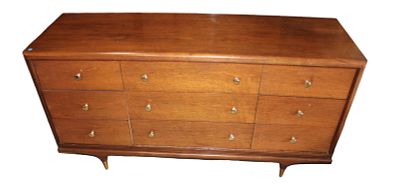 MCM Kent Coffey walnut low chest. Mid Century Modern Kent Coffey 9 drawer walnut low chest.