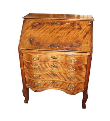 Antique ladies petite slant front desk in the flaming birch wood, 4 drawers, and applied