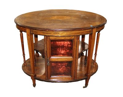 Antique oval tea cart display cabinet with key. Antique oval inlaid tea cart display cabinet in