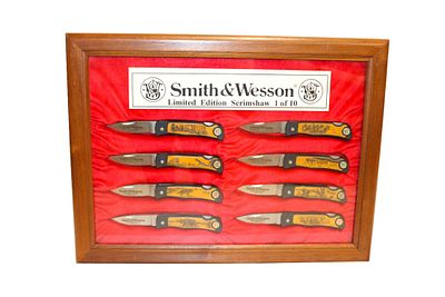 Smith & Wesson Limited Edition 1 of 10 Scrimshaw 008, 8 knives in hanging walnut display case. Sm