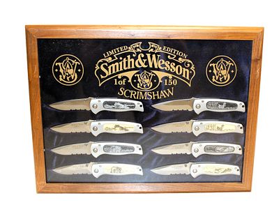 Smith & Wesson Limited Edition 1 of 150 Scrimshaw SWAT 043, 8 knives in walnut hanging display case